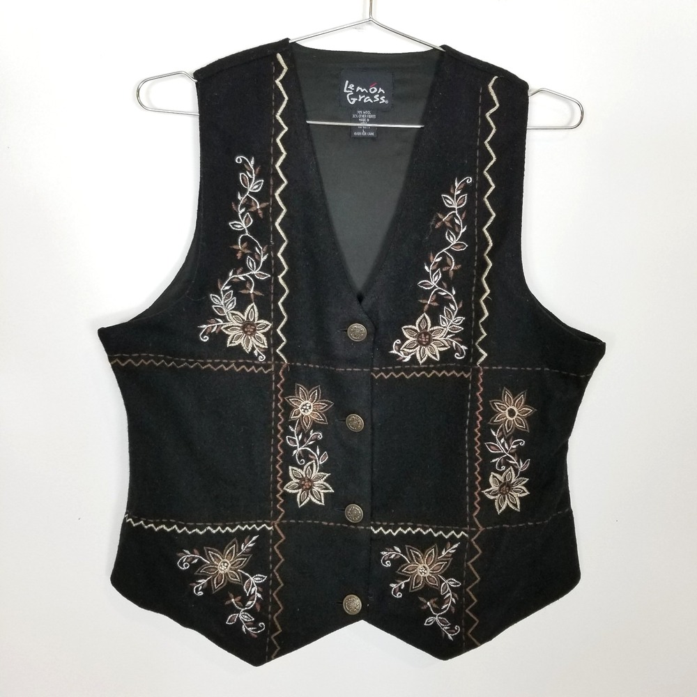 VTG Lemon Grass Wool Blend Floral Embroidered Vest Sz L Button Up Sleeveless